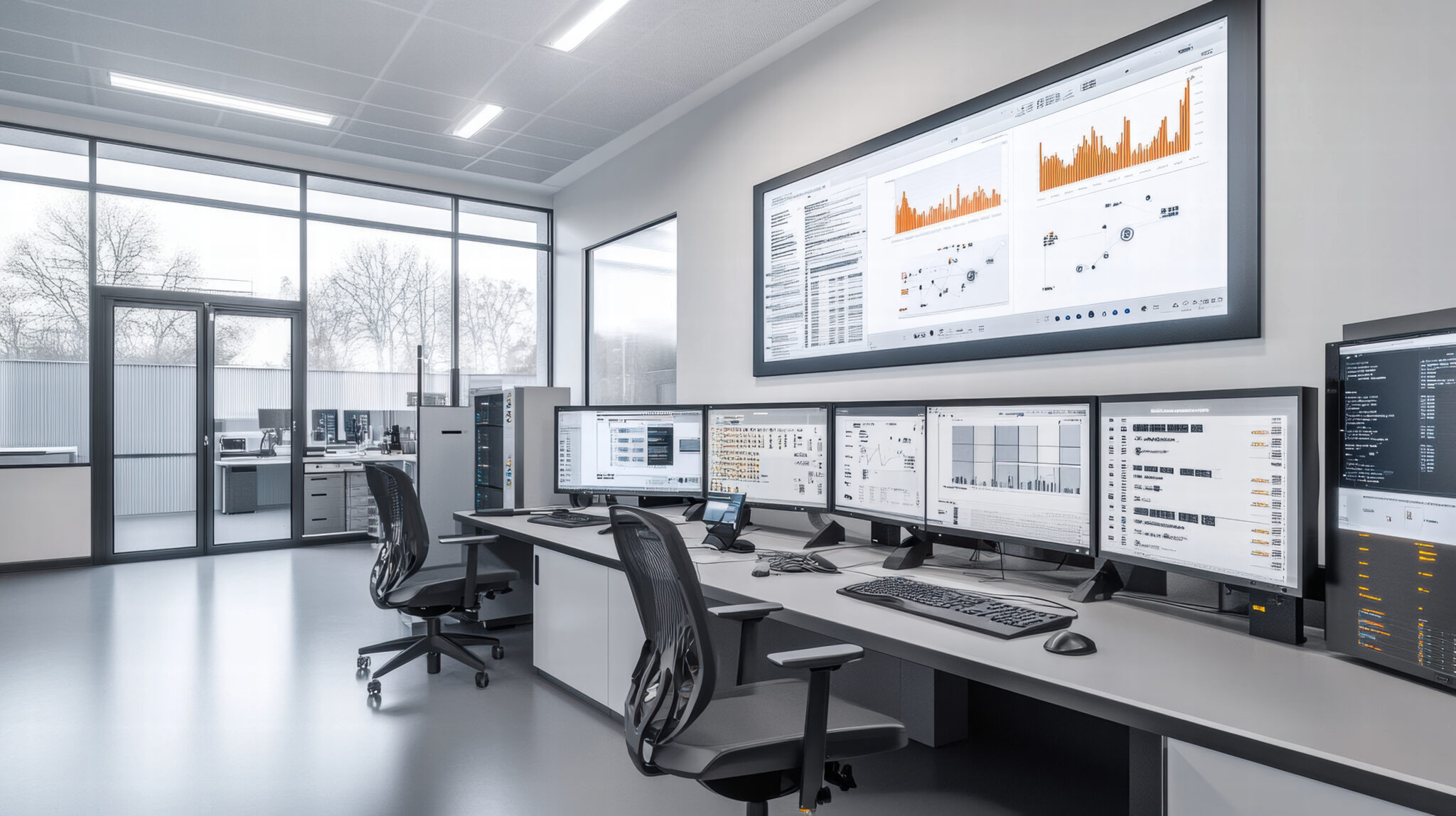 modern server room with advanced machine learning algorithms displayed on screens