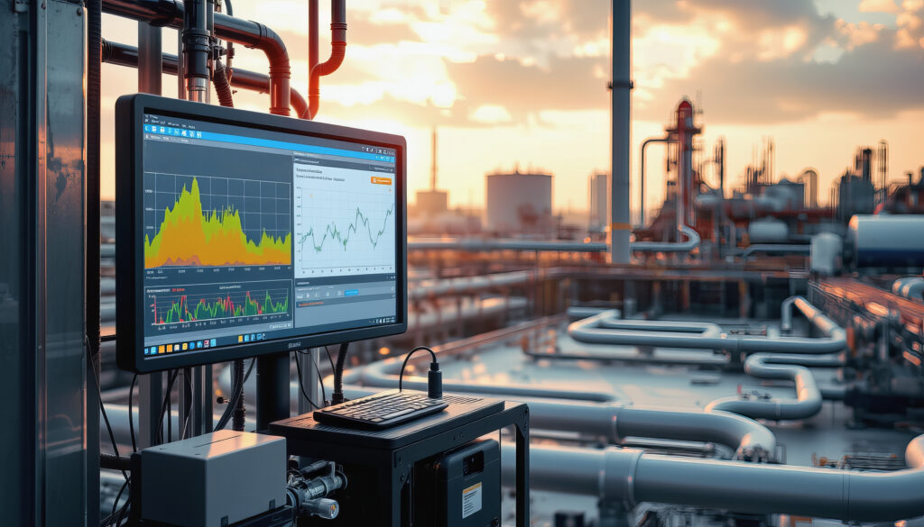 industrial control system with data charts on screen at factory during sunset