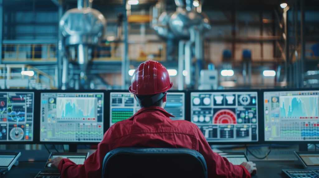 industrial worker monitors factory process on multiple screens